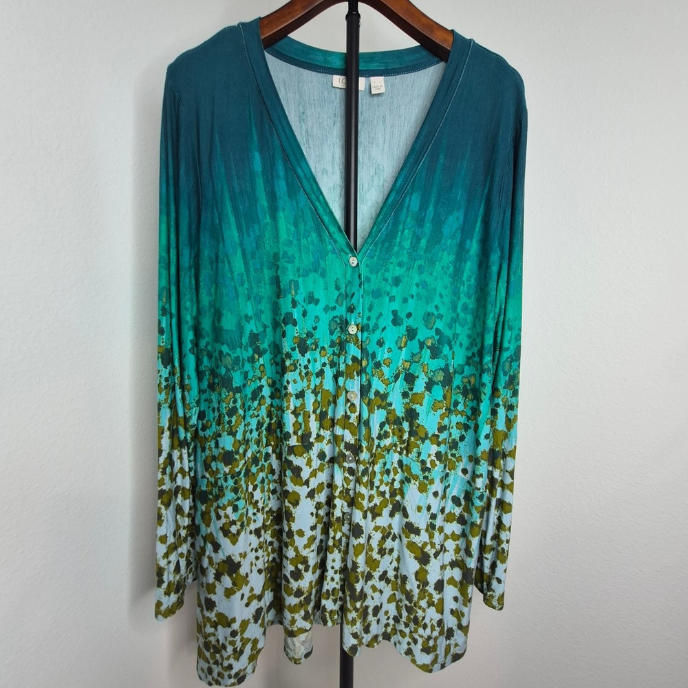 LOGO Lori Goldstein XL Teal Green Ombre Splatter Button Artsy Bohemian Cardigan